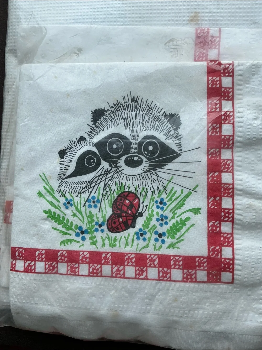 Vintage Jimothy Raccoon Disposable Party Napkins and paper tablecloth. NIP